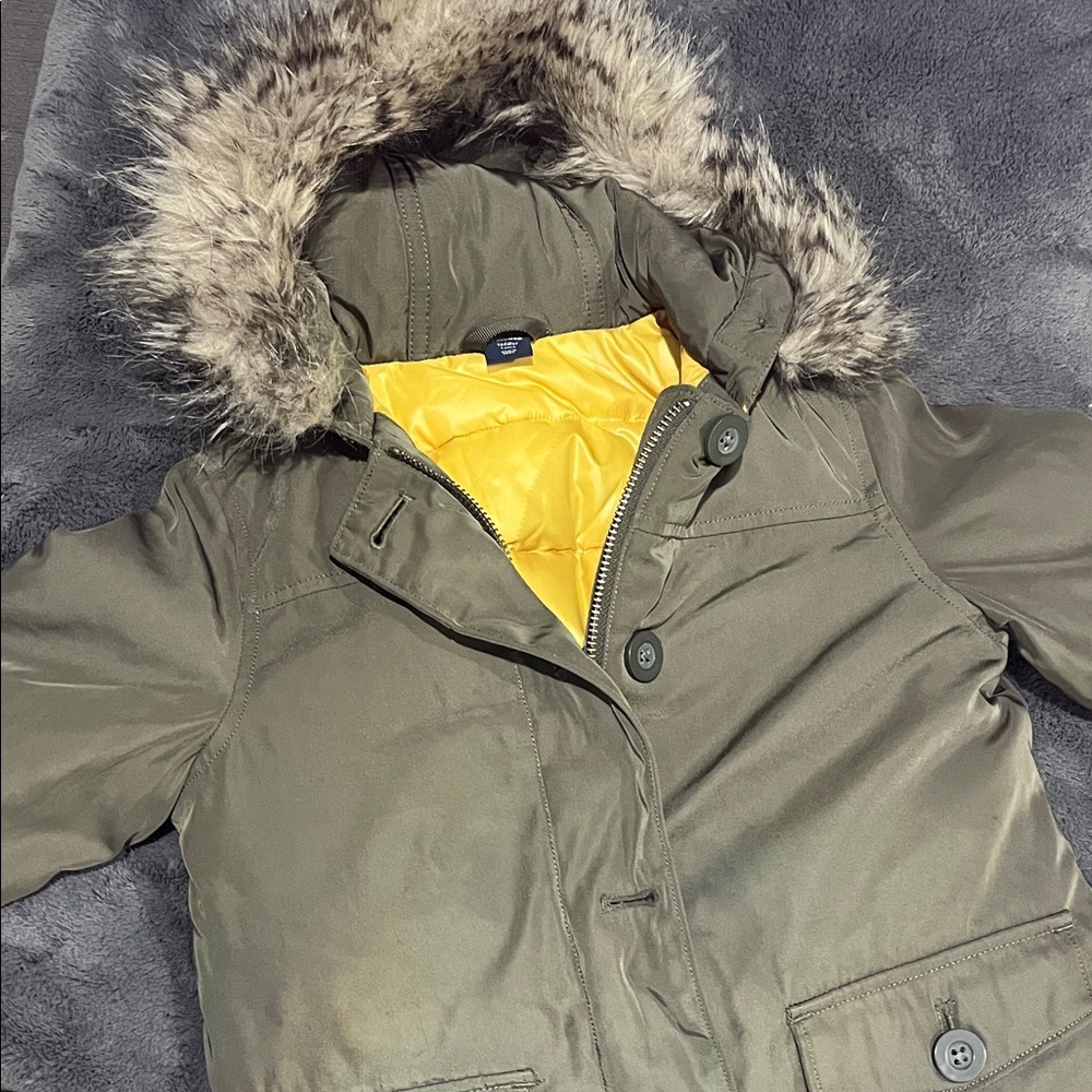 BABYGAP Olive Jacket with Faux Fur Hood and Yellow Lining